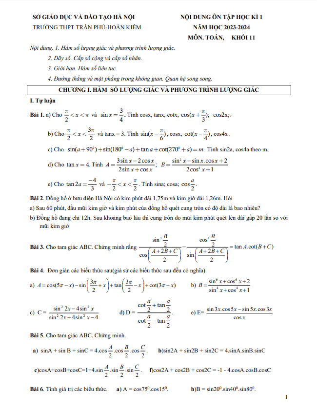 Nội dung ôn tập học kì 1 Toán 11 năm 2023 2024 trường THPT Trần Phú Hà Nội