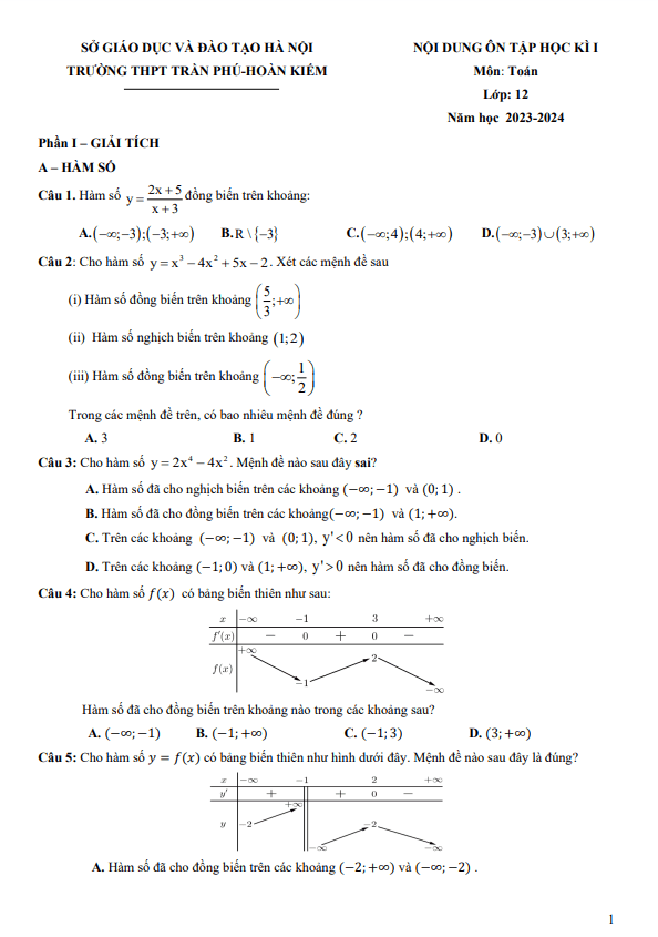 Nội dung ôn tập học kì 1 Toán 12 năm 2023 2024 trường THPT Trần Phú Hà Nội