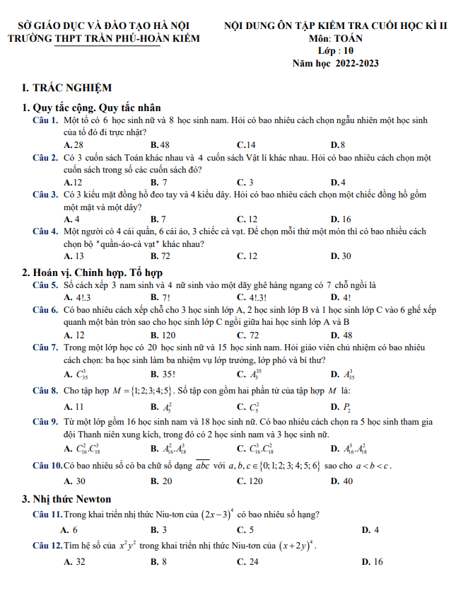 Ôn tập cuối học kì 2 Toán 10 năm 2022 2023 trường THPT Trần Phú Hà Nội