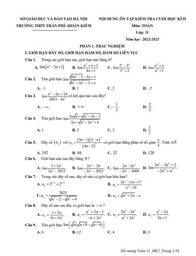 Ôn tập cuối học kì 2 Toán 11 năm 2022 2023 trường THPT Trần Phú Hà Nội
