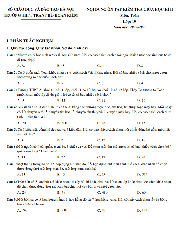 Ôn tập giữa kì 2 Toán 10 năm 2022 2023 trường THPT Trần Phú Hà Nội