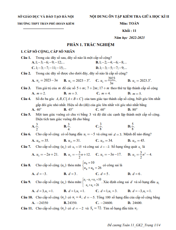 Ôn tập giữa kì 2 Toán 11 năm 2022 2023 trường THPT Trần Phú Hà Nội