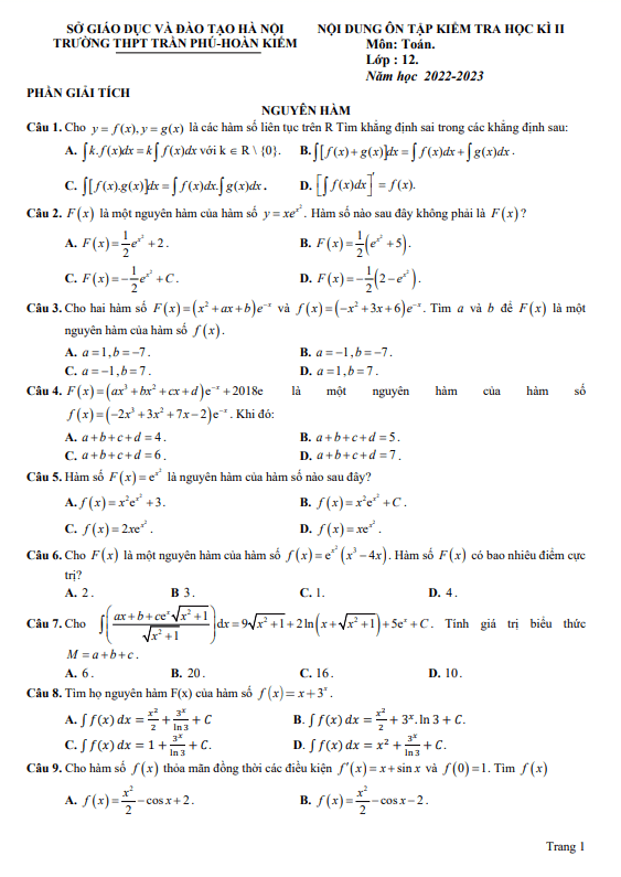 Ôn tập học kì 2 Toán 12 năm 2022 2023 trường THPT Trần Phú Hà Nội