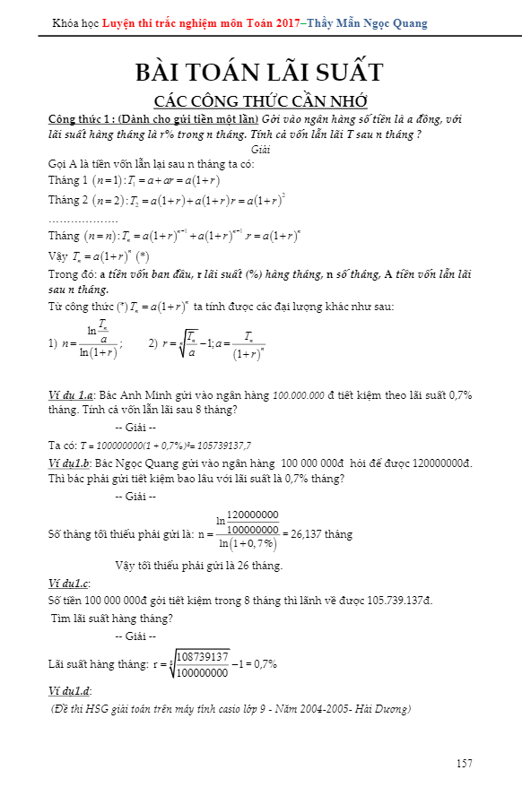 Phương pháp giải bài toán lãi suất ngân hàng Mẫn Ngọc Quang