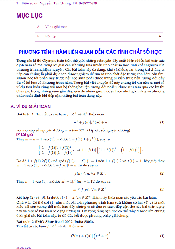 Phương trình hàm liên quan đến các tính chất số học Nguyễn Tài Chung