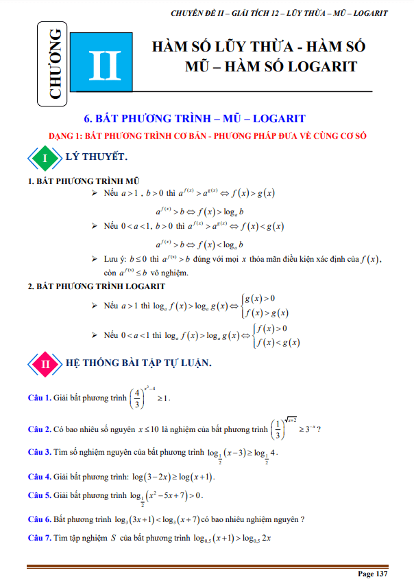 Tài liệu chuyên đề bất phương trình mũ và bất phương trình lôgarit