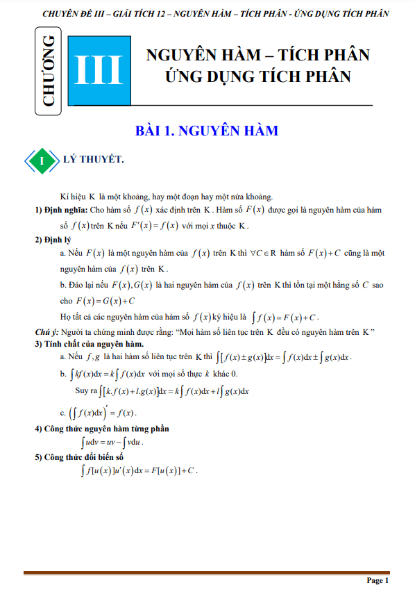 Tài liệu chuyên đề nguyên hàm và một số phương pháp tìm nguyên hàm