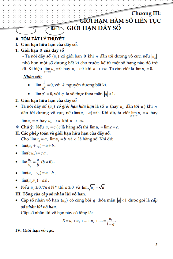 Tài liệu giới hạn, hàm số liên tục Toán 11 CTST