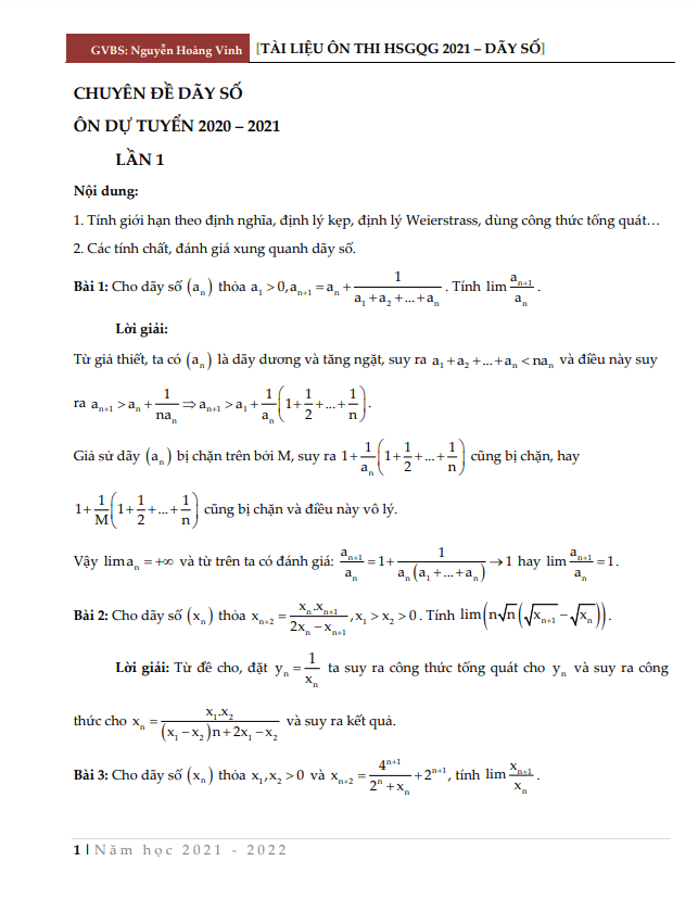 Tài liệu ôn thi HSG Quốc gia môn Toán chủ đề dãy số Nguyễn Hoàng Vinh