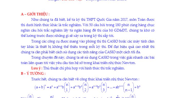 Thủ thuật casio tìm hệ số trong khai triển nhị thức Newton Bùi Thế Việt