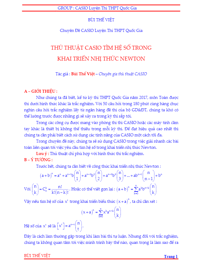 Thủ thuật casio tìm hệ số trong khai triển nhị thức Newton Bùi Thế Việt