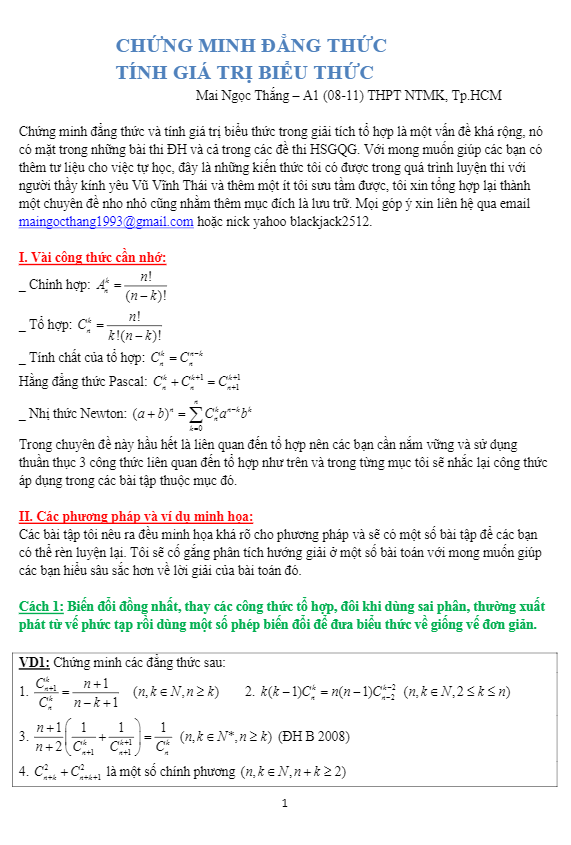 Tính giá trị và chứng minh các biểu thức tổ hợp Mai Ngọc Thắng