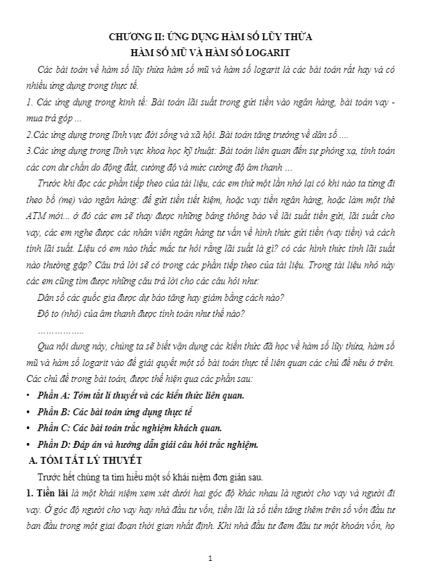 Ứng dụng hàm số lũy thừa, hàm số mũ và hàm số logarit để giải các bài toán thực tế liên quan