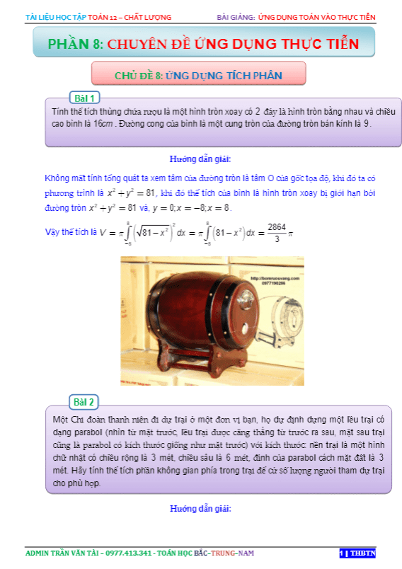 Ứng dụng tích phân để giải bài toán thực tiễn Trần Văn Tài
