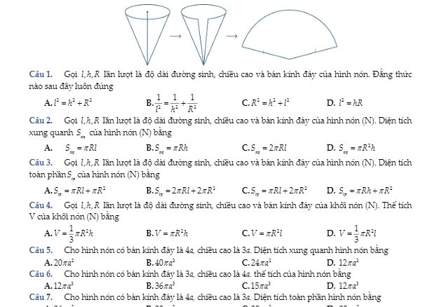 124 bài tập trắc nghiệm mặt nón, hình nón và khối nón Hứa Lâm Phong