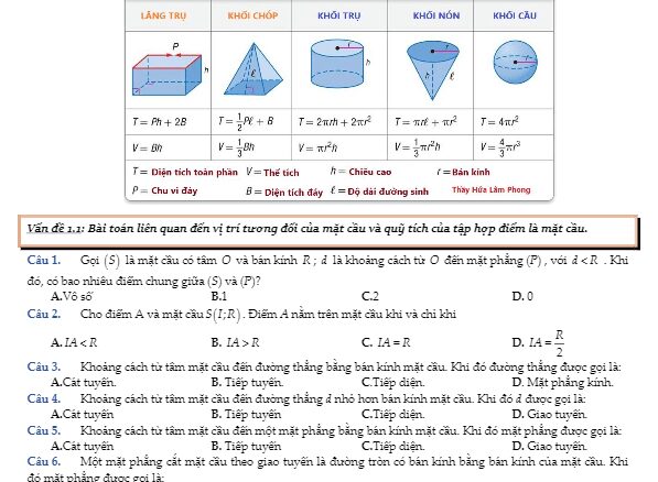 186 bài tập trắc nghiệm mặt cầu, hình cầu và khối cầu Hứa Lâm Phong