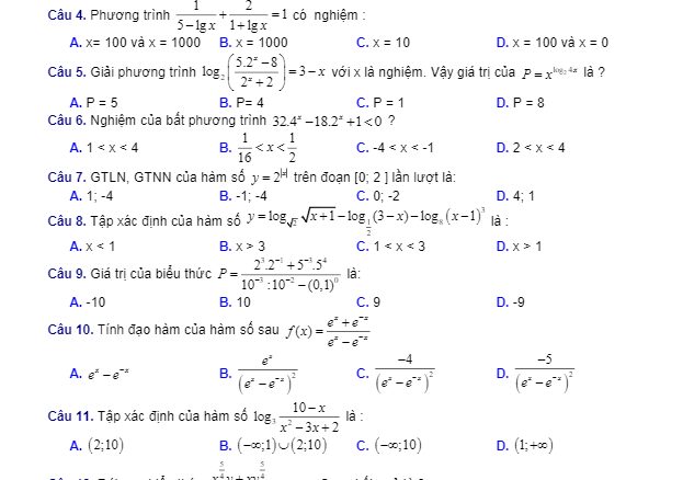 50 câu trắc nghiệm về hàm số mũ và logarit Trần Thanh Minh