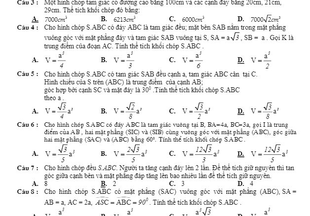 86 bài tập trắc nghiệm thể tích khối chóp có đáp án Bùi Thái Nam