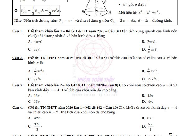 Bài tập mặt nón, mặt trụ và mặt cầu từ cơ bản đến vận dụng cao