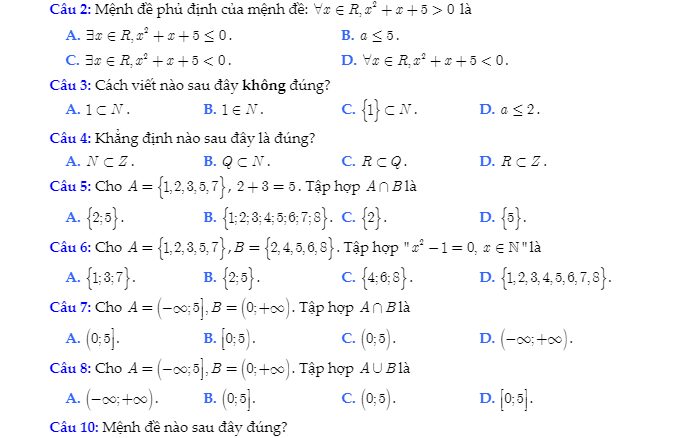 Bài tập trắc nghiệm Đại số 10