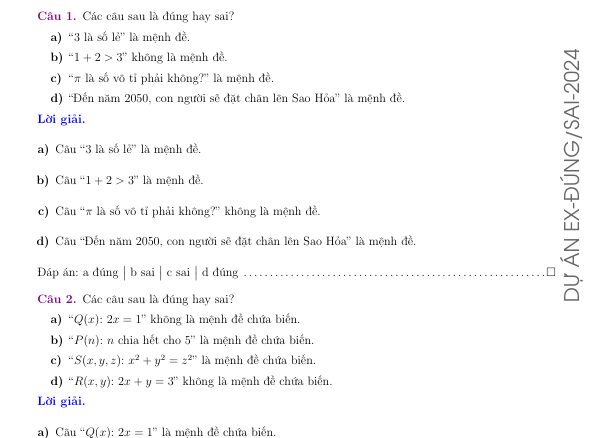 Bài tập trắc nghiệm dạng đúng / sai môn Toán 10