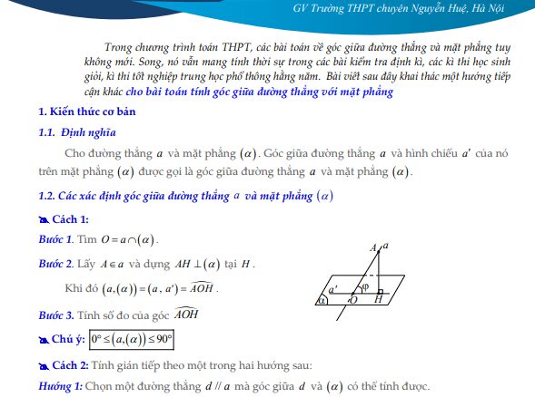 Bàn về một cách tiếp cận khác cho bài toán tính góc giữa đường thẳng và mặt phẳng