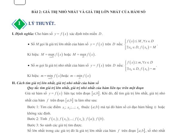 Chuyên đề giá trị lớn nhất và giá trị nhỏ nhất của hàm số từ cơ bản đến nâng cao