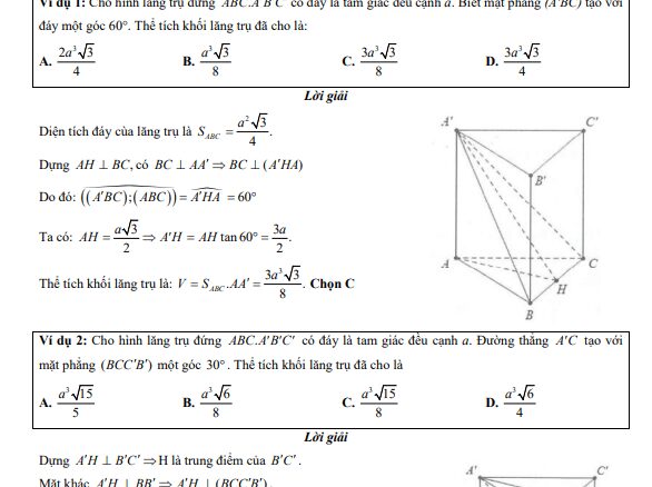 Chuyên đề trắc nghiệm thể tích khối lăng trụ