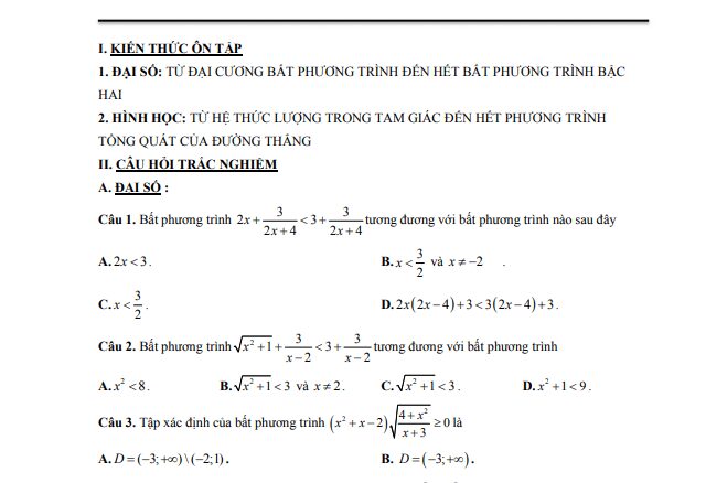 Đề cương giữa học kỳ 2 Toán 10 năm 2020 2021 trường THPT Xuân Đỉnh Hà Nội