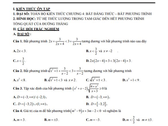 Đề cương giữa học kỳ 2 Toán 10 năm 2021 2022 trường THPT Xuân Đỉnh Hà Nội