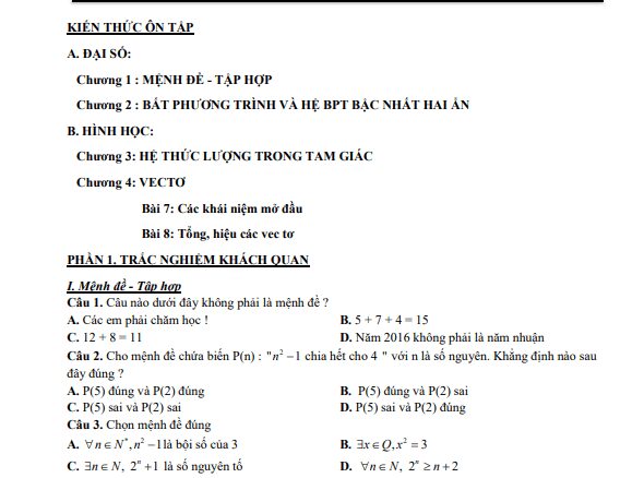 Đề cương giữa kỳ 1 Toán 10 năm 2022 2023 trường THPT Xuân Đỉnh Hà Nội
