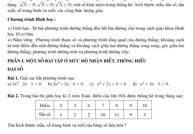 Đề cương HK2 Toán 10 năm 2017 2018 trường Nguyễn Tất Thành Hà Nội