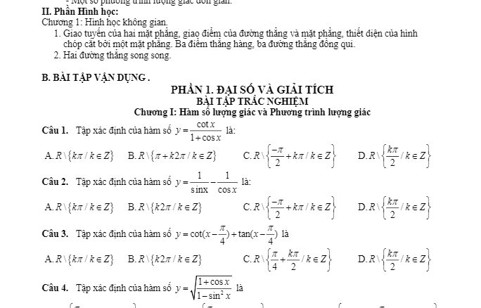 Đề cương ôn tập giữa học kỳ 1 Toán 11 năm 2018 2019 trường THPT Yên Hòa Hà Nội