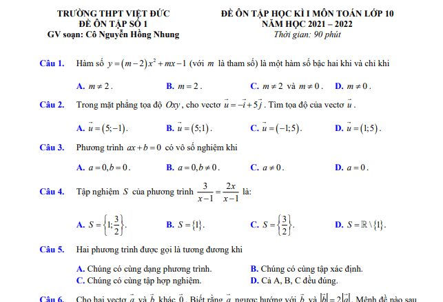 Đề cương ôn thi học kì 1 Toán 10 năm 2021 2022 trường THPT Việt Đức Hà Nội