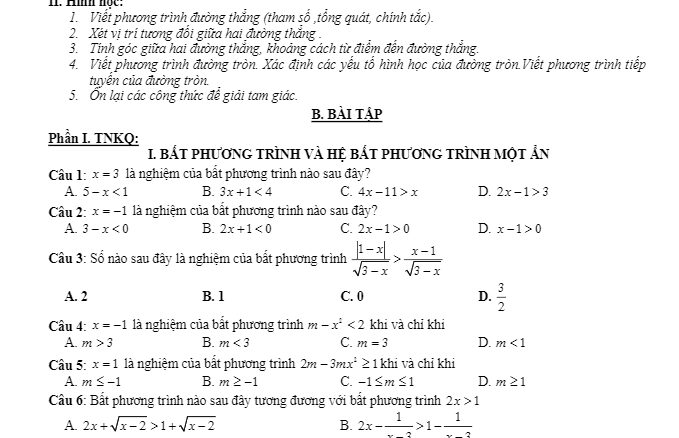 Đề cương ôn thi học kỳ 2 Toán 10 trường THPT Trung Văn Hà Nội