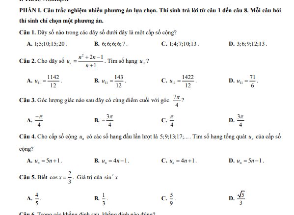 Đề giữa kì 1 Toán 11 năm 2024 2025 trường THPT Bắc Yên Thành Nghệ An