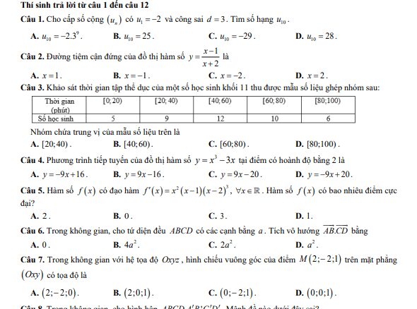 Đề khảo sát lần 1 Toán 12 năm 2024 2025 trường THPT Văn Giang Hưng Yên