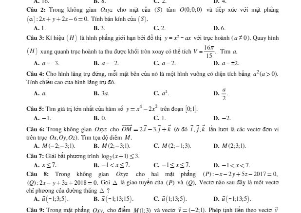 Đề kiểm định chất lượng Toán 12 trường THPT Yên Phong số 2 Bắc Ninh lần 2