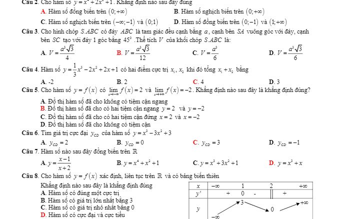 Đề kiểm tra chất lượng giữa HKI năm 2017 2018 môn Toán 12 trường C Bình Lục Hà Nam