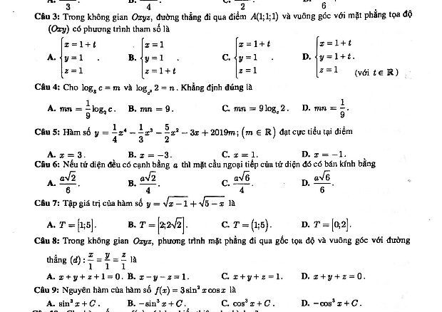 Đề kiểm tra định kì Toán 12 năm 2019 trường Nguyễn Khuyến TP. HCM (03/03/2019)
