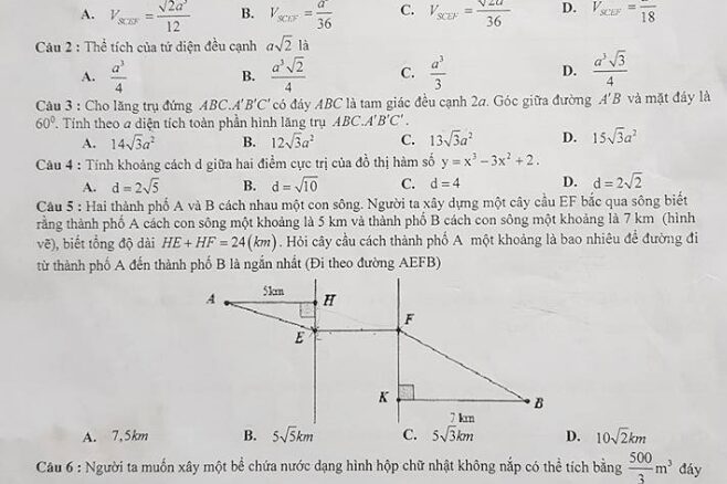 Đề kiểm tra định kỳ tháng 9 môn Toán 12 trường THCS & THPT Nguyễn Siêu Hà Nội