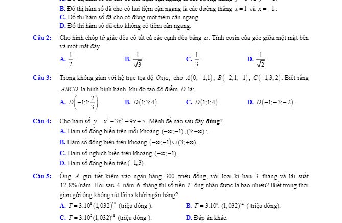 Đề kiểm tra kiến thức Toán 12 lần 2 năm 2017 2018 trường Yên Định 2 Thanh Hóa