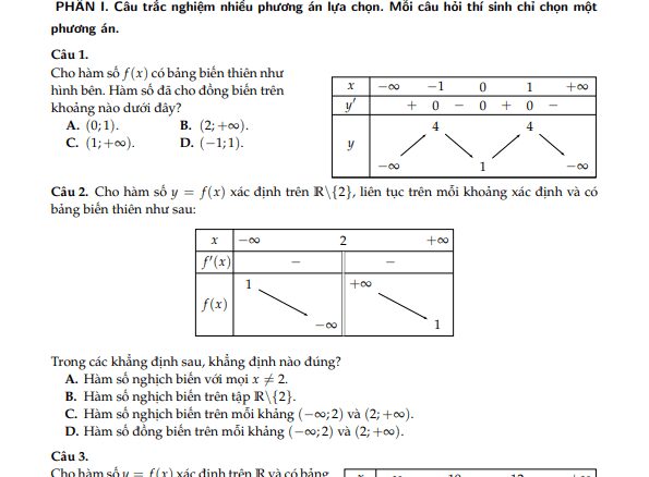 Đề kiểm tra theo bài học ứng dụng đạo hàm để khảo sát và vẽ đồ thị hàm số