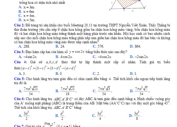 Đề KSCL Toán 12 năm học 2017 2018 trường THPT Nguyễn Viết Xuân Vĩnh Phúc lần 2