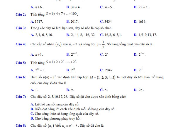 Đề ôn tập cuối chương dãy số, cấp số cộng và cấp số nhân