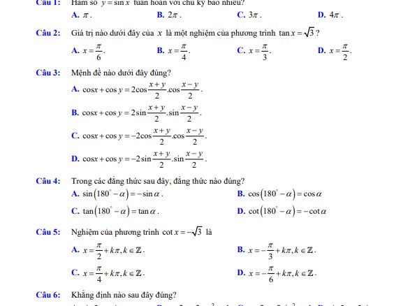 Đề ôn tập cuối chương hàm số lượng giác và phương trình lượng giác