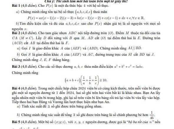 Đề thi chọn học sinh giỏi Toán 10 Trại hè Hùng Vương lần thứ 18 năm 2024