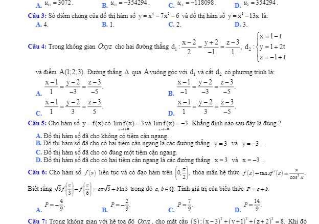 Đề thi chuyên đề Toán 12 lần 4 năm 2019 2020 trường THPT Liễn Sơn Vĩnh Phúc