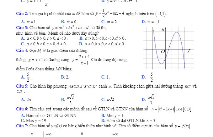 Đề thi giữa HK1 môn Toán 12 nâng cao trường THPT Trực Ninh B Nam Định