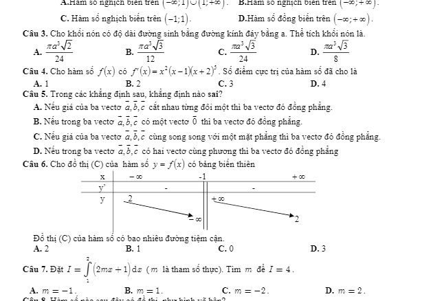 Đề thi giữa học kỳ 2 Toán 12 năm 2019 trường THPT C Nghĩa Hưng Nam Định